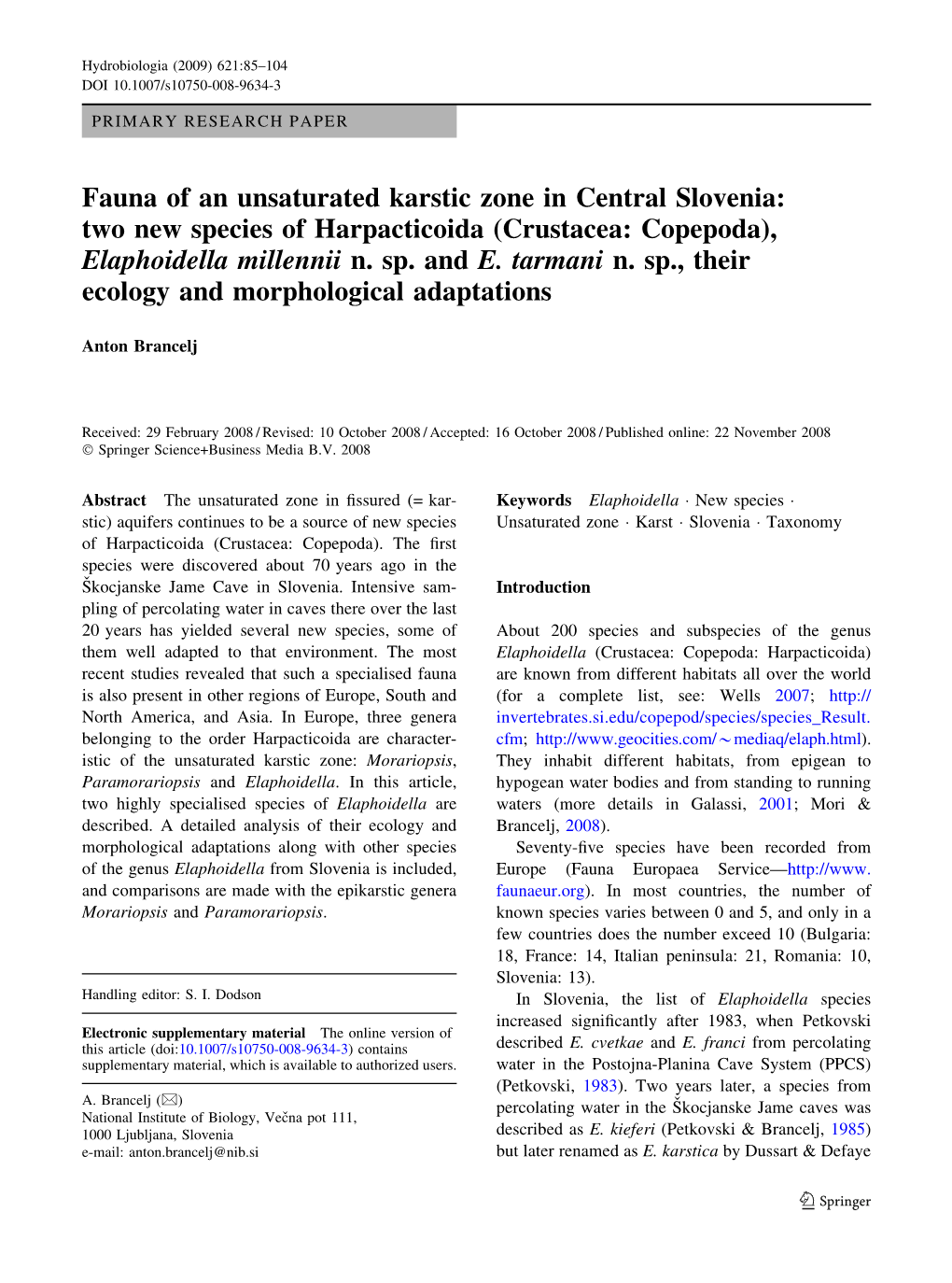 Fauna of an Unsaturated Karstic Zone in Central Slovenia: Two New Species of Harpacticoida (Crustacea: Copepoda), Elaphoidella Millennii N