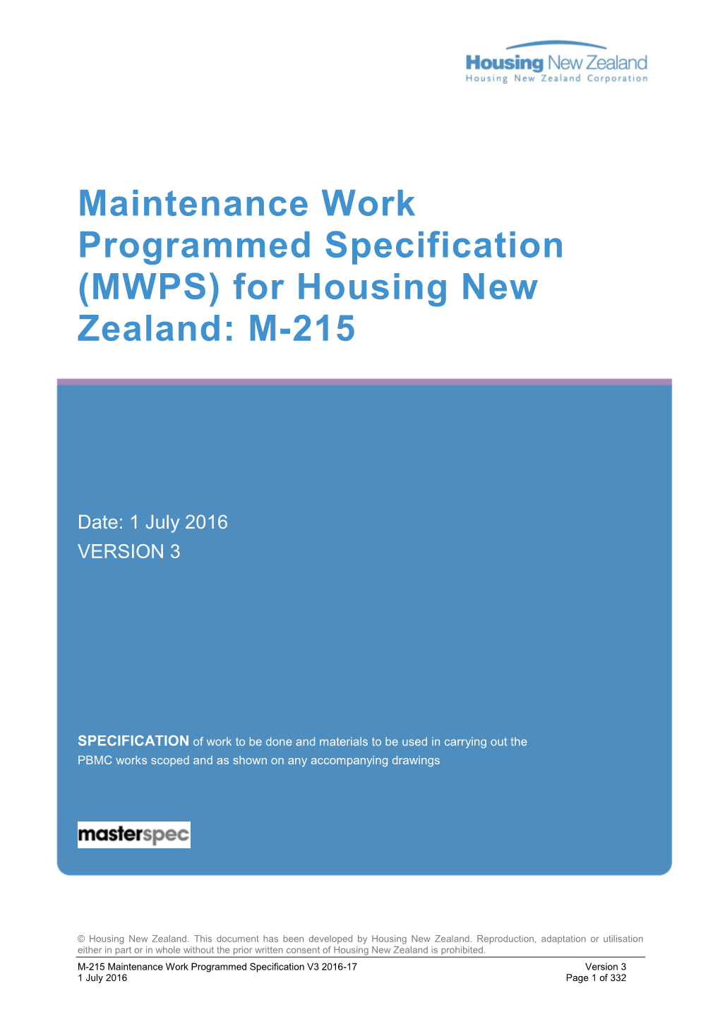 Maintenance Work Programmed Specification (MWPS) for Housing New Zealand: M-215