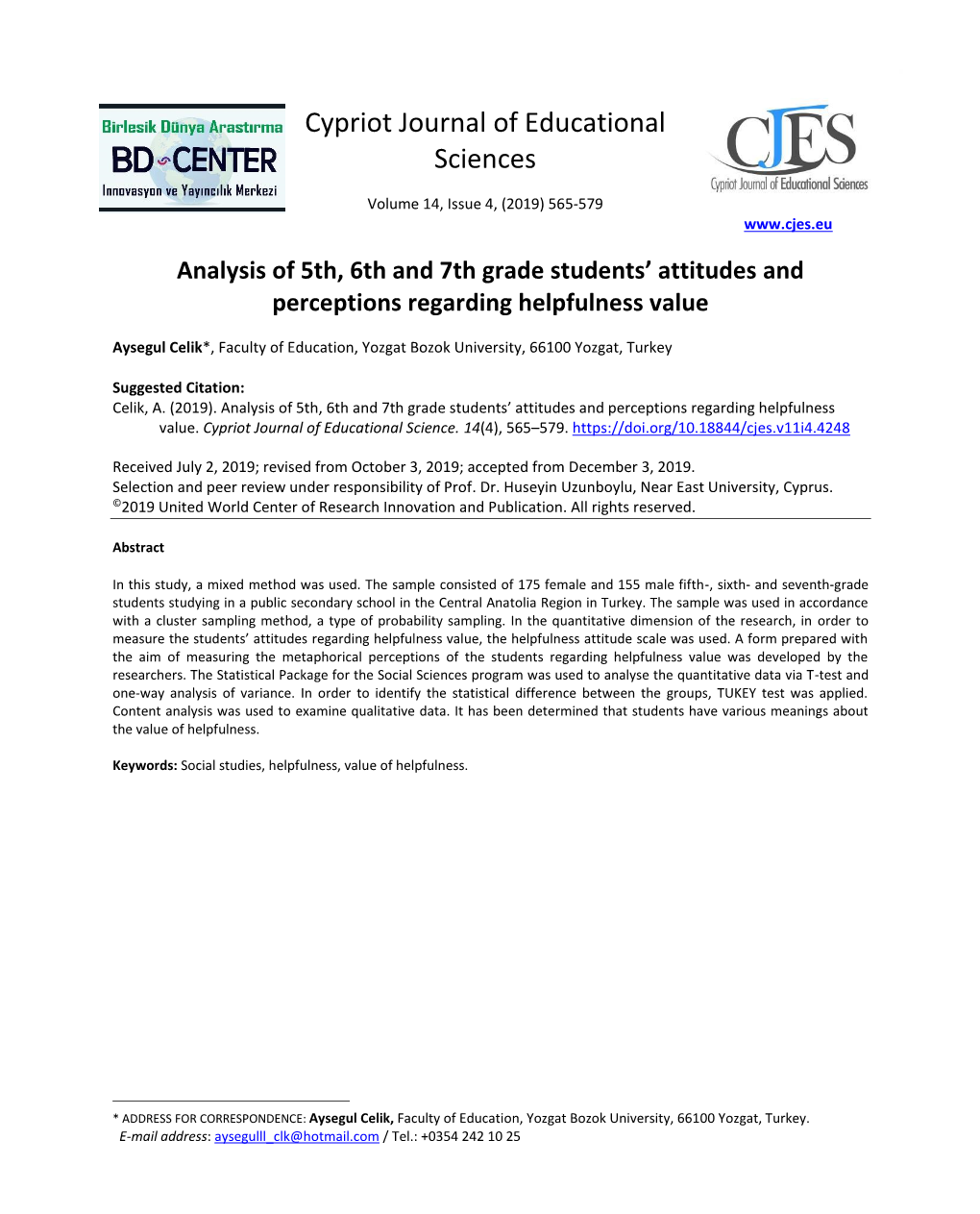 Analysis of 5Th, 6Th and 7Th Grade Students' Attitudes And