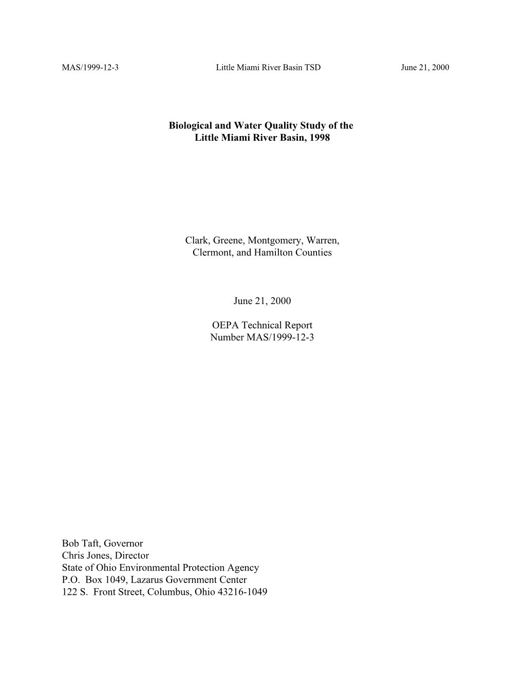 Biological and Water Quality Study of the Little Miami River Basin, 1998