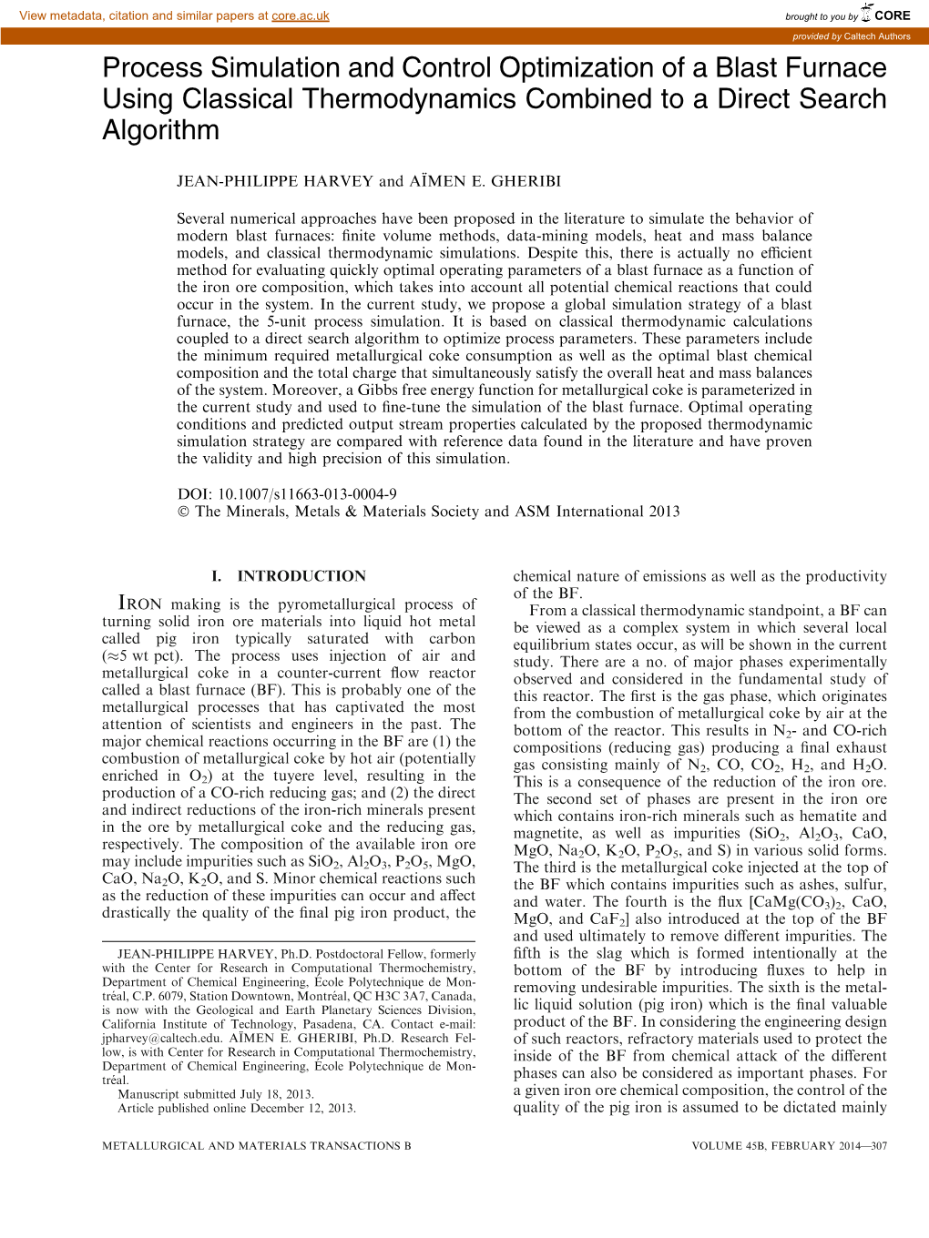 Process Simulation and Control Optimization of a Blast Furnace Using Classical Thermodynamics Combined to a Direct Search Algorithm