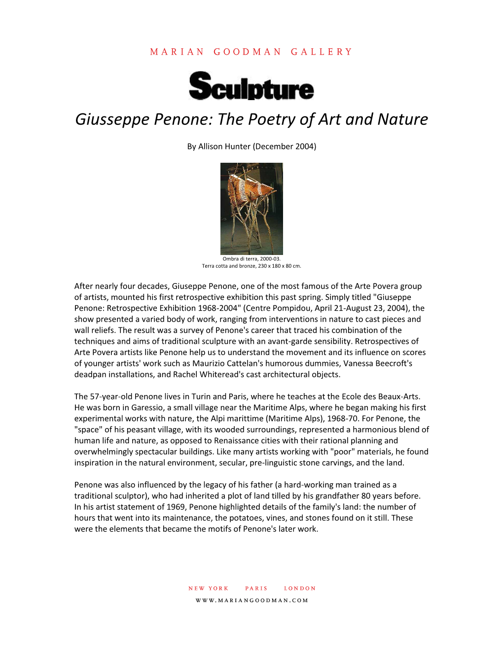 Press Giusseppe Penone: the Poetry of Art and Nature Sculpture