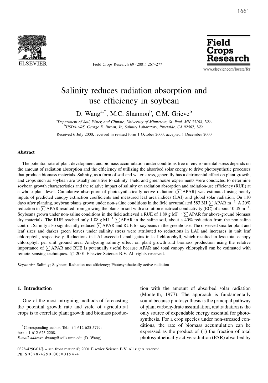 Salinity Reduces Radiation Absorption and Use Efficiency in Soybean