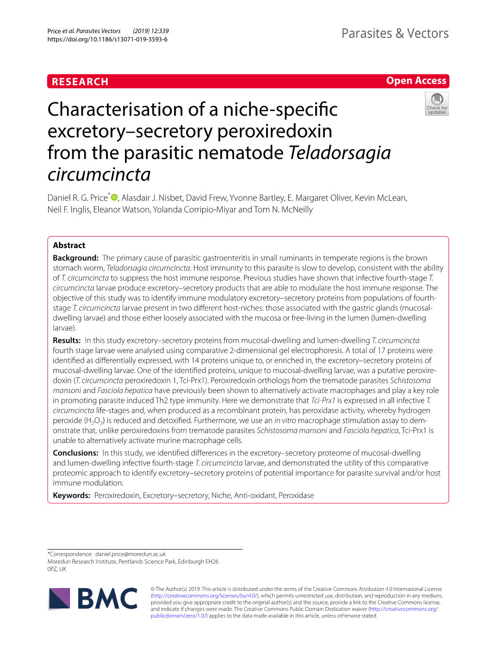 Characterisation of a Niche-Specific Excretory–Secretory Peroxiredoxin