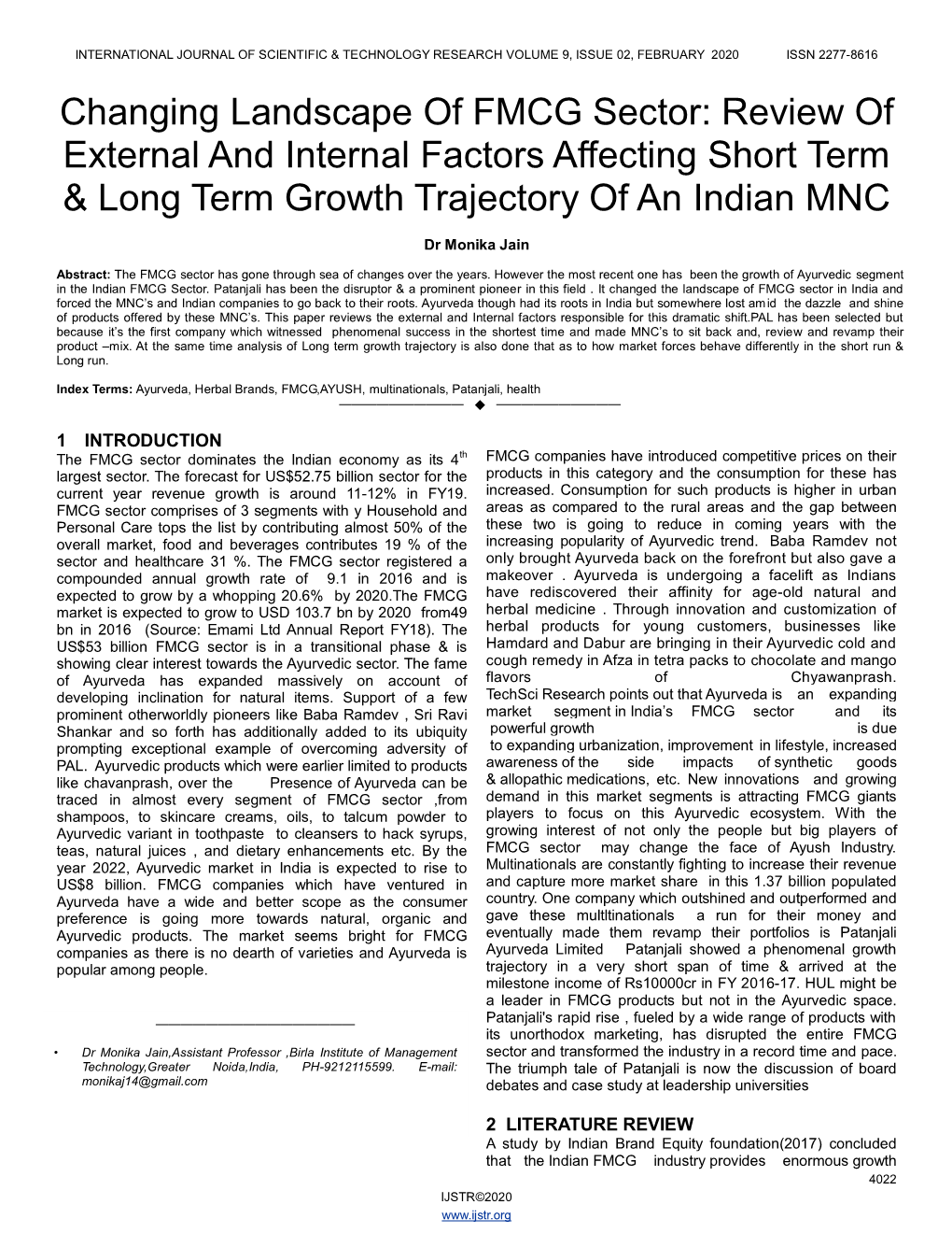 Changing Landscape of FMCG Sector: Review of External and Internal Factors Affecting Short Term & Long Term Growth Trajectory of an Indian MNC