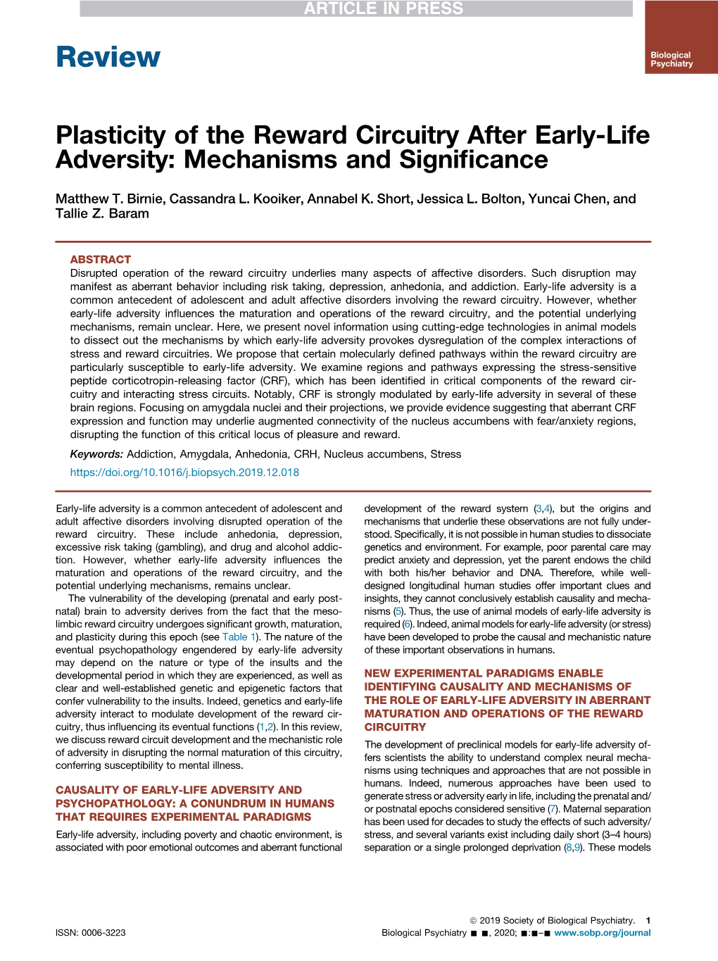 Plasticity of the Reward Circuitry After Early-Life Adversity: Mechanisms and Signiﬁcance