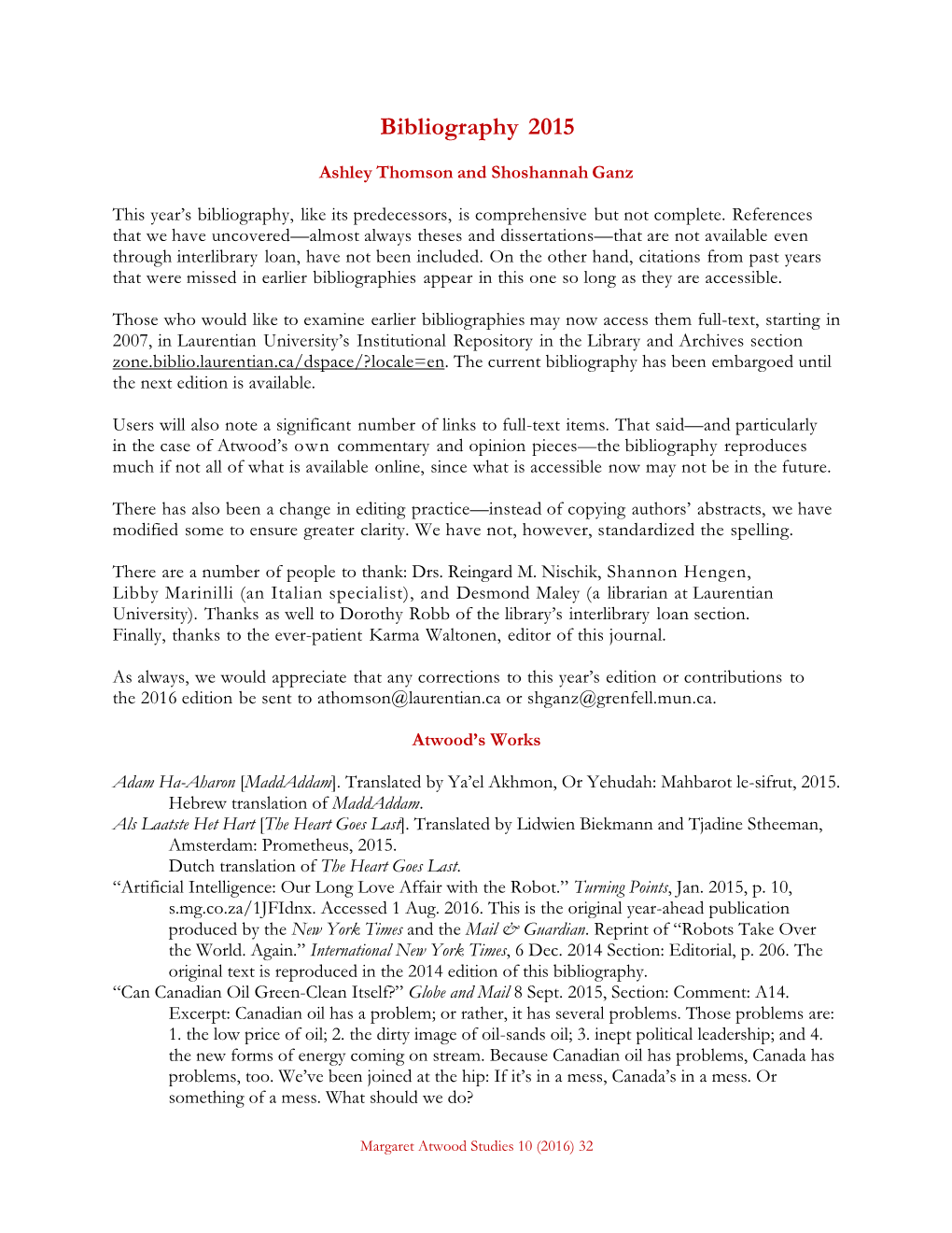 Margaret Atwood Bibliography 2015.Pdf