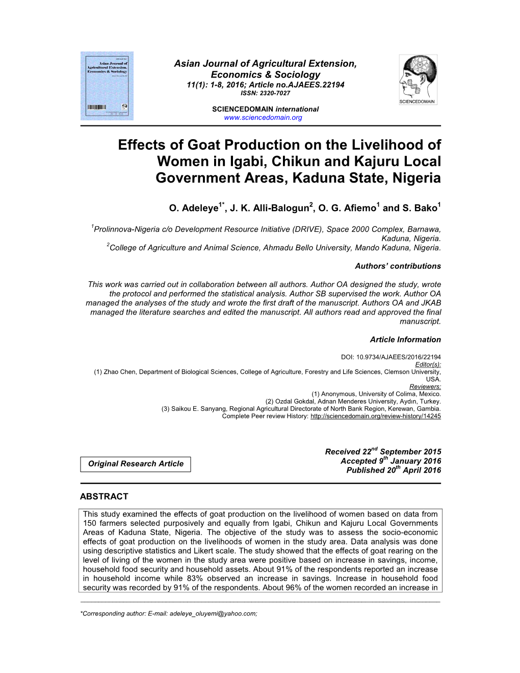 Effects of Goat Production on the Livelihood of Women in Igabi, Chikun and Kajuru Local Government Areas, Kaduna State, Nigeria