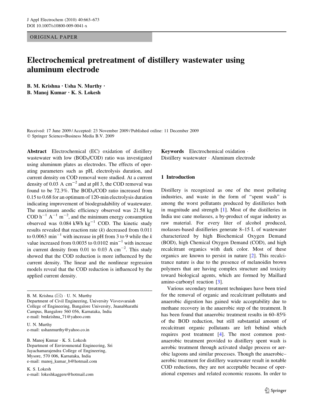 Electrochemical Pretreatment of Distillery Wastewater Using Aluminum Electrode
