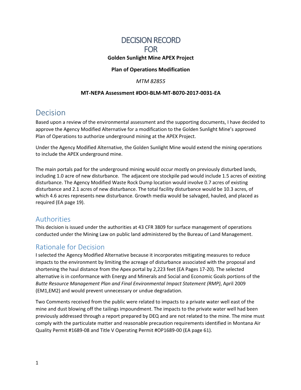 DECISION RECORD for Golden Sunlight Mine APEX Project Plan of Operations Modification MTM 82855 MT-NEPA Assessment #DOI-BLM-MT-B070-2017-0031-EA