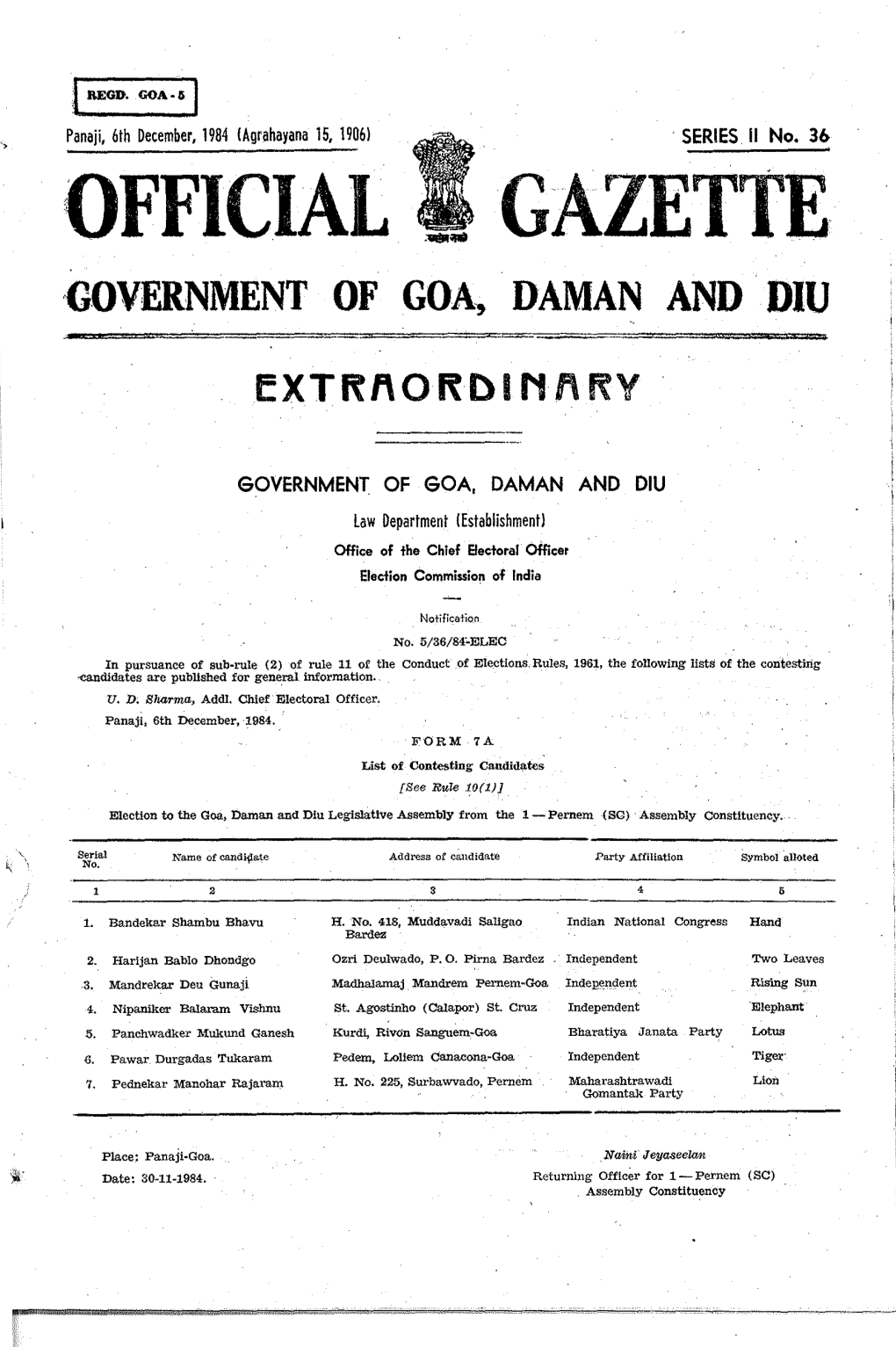 Official Gazette G.Overnment of Goa., Daman and Diu