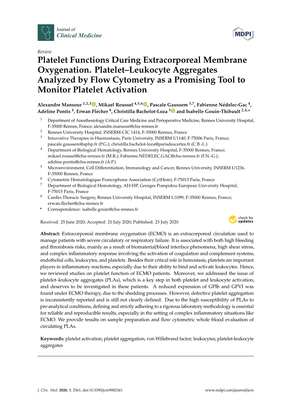 Platelet Functions During Extracorporeal Membrane Oxygenation