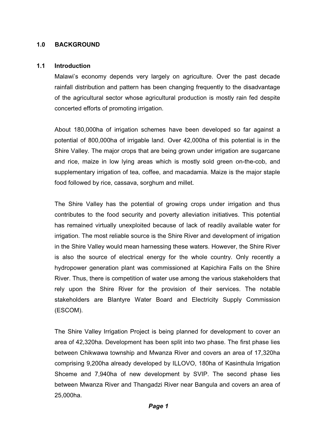 Page 1 1.0 BACKGROUND 1.1 Introduction Malawi's Economy