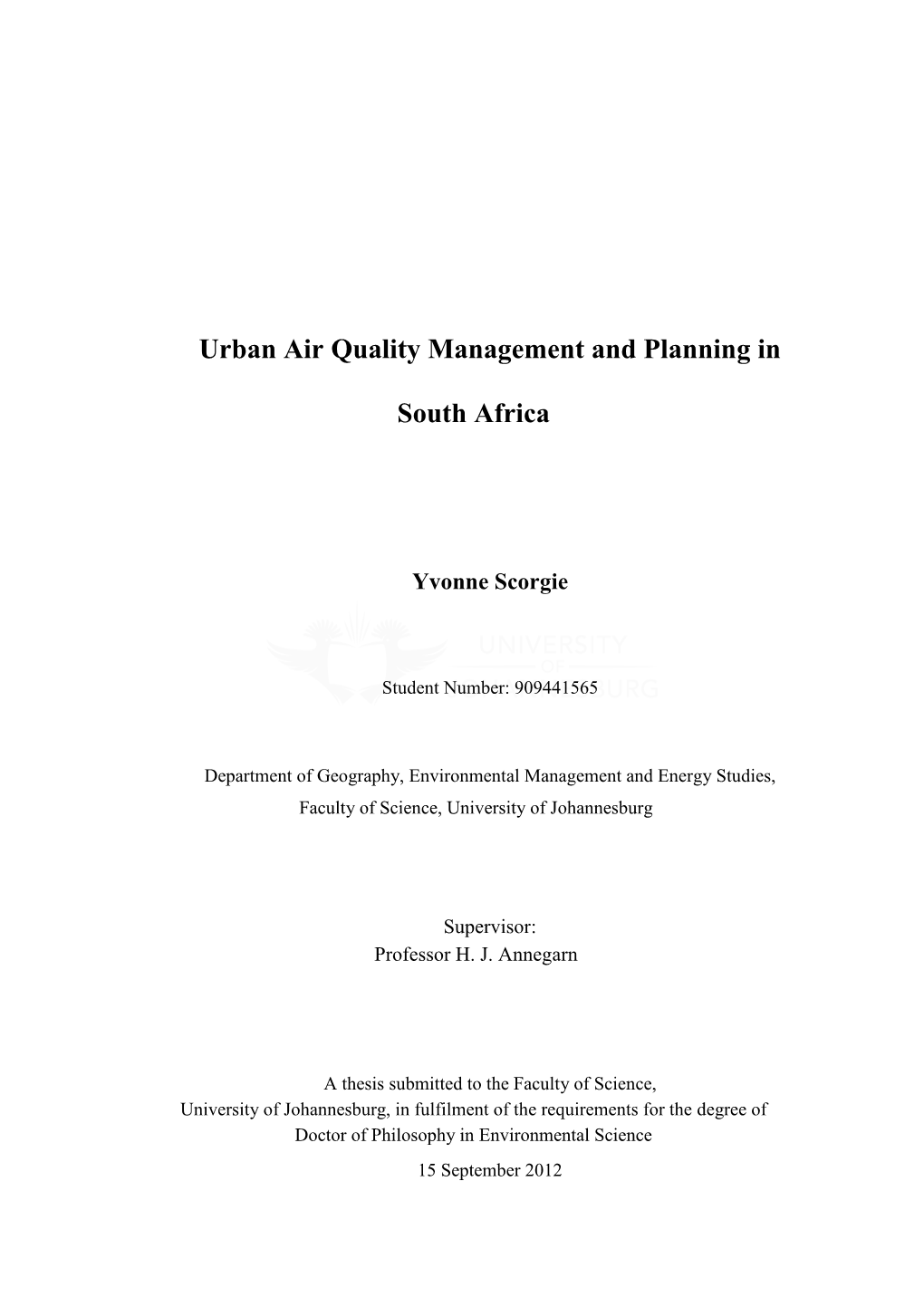 Urban Air Quality Management and Planning in South Africa