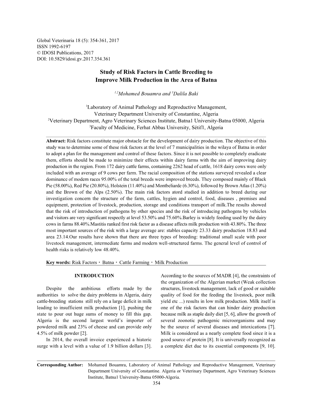 Study of Risk Factors in Cattle Breeding to Improve Milk Production in the Area of Batna