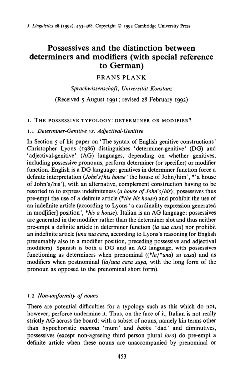 Possessives and the Distinction Between Determiners and Modifiers