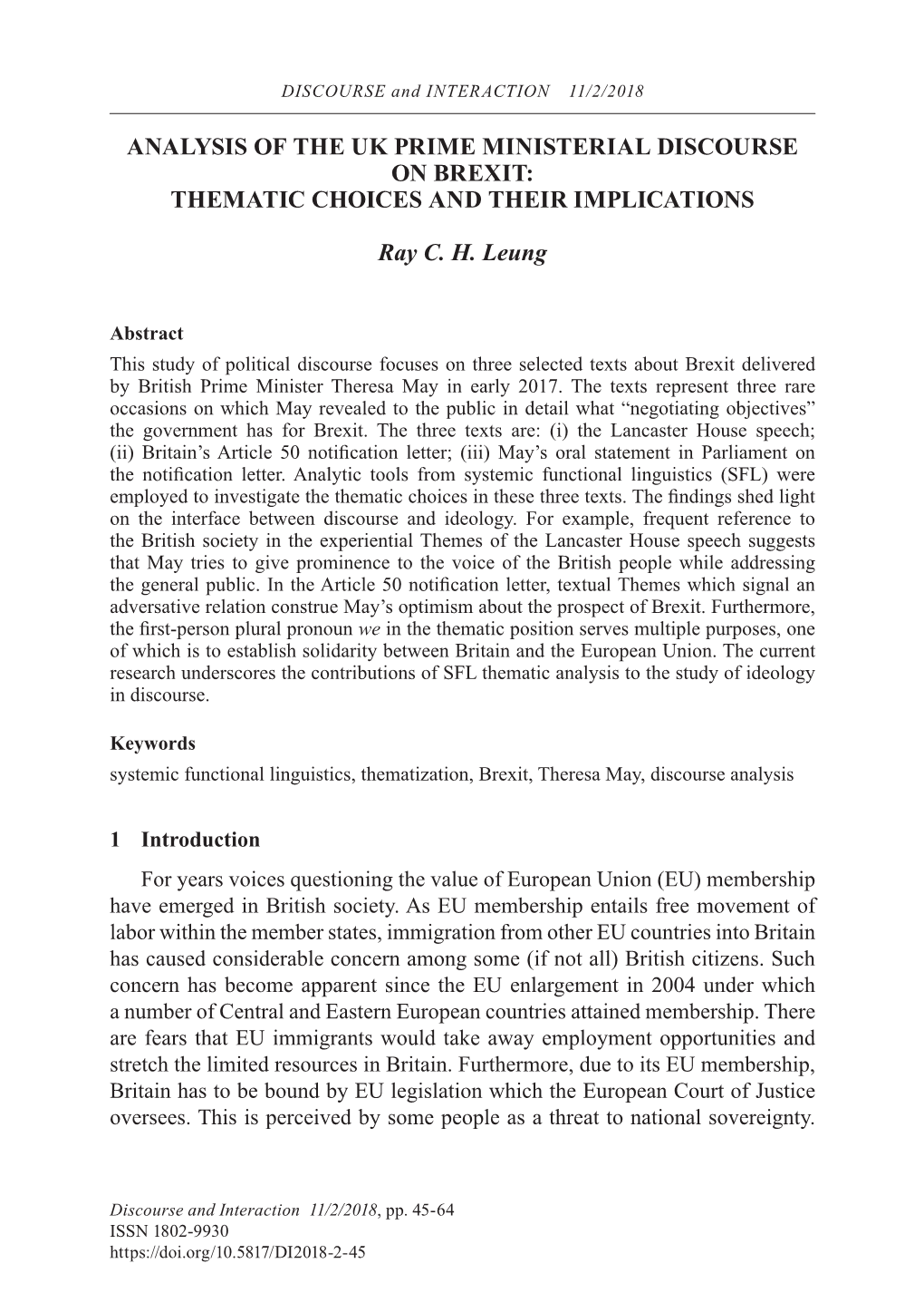 Analysis of the Uk Prime Ministerial Discourse on Brexit: Thematic Choices and Their Implications