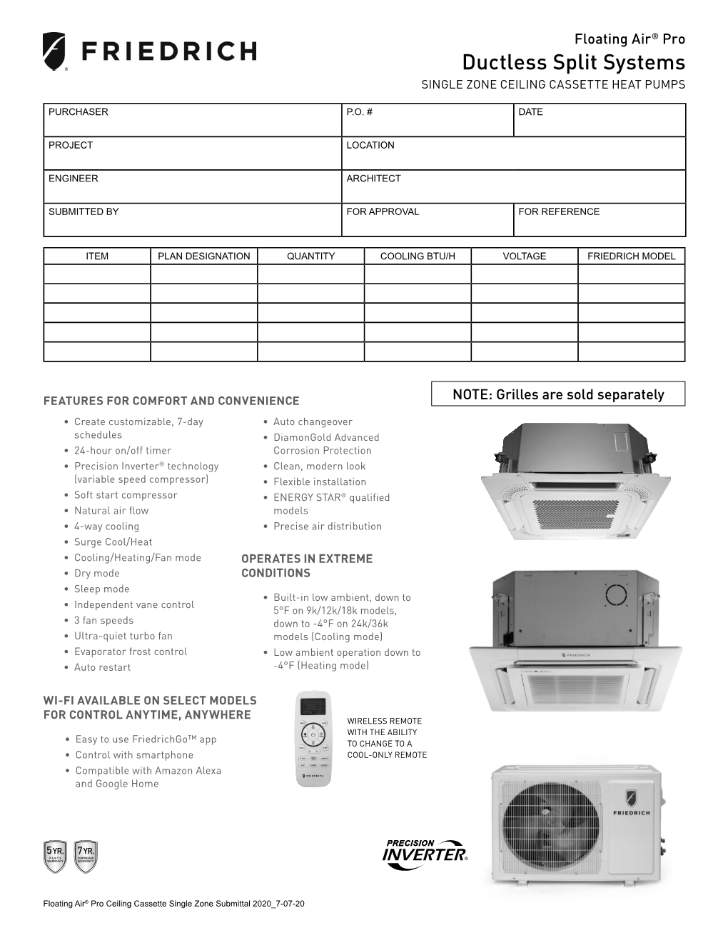 2020 Floating Air Pro Ceiling Cassette Single Zone Submittal