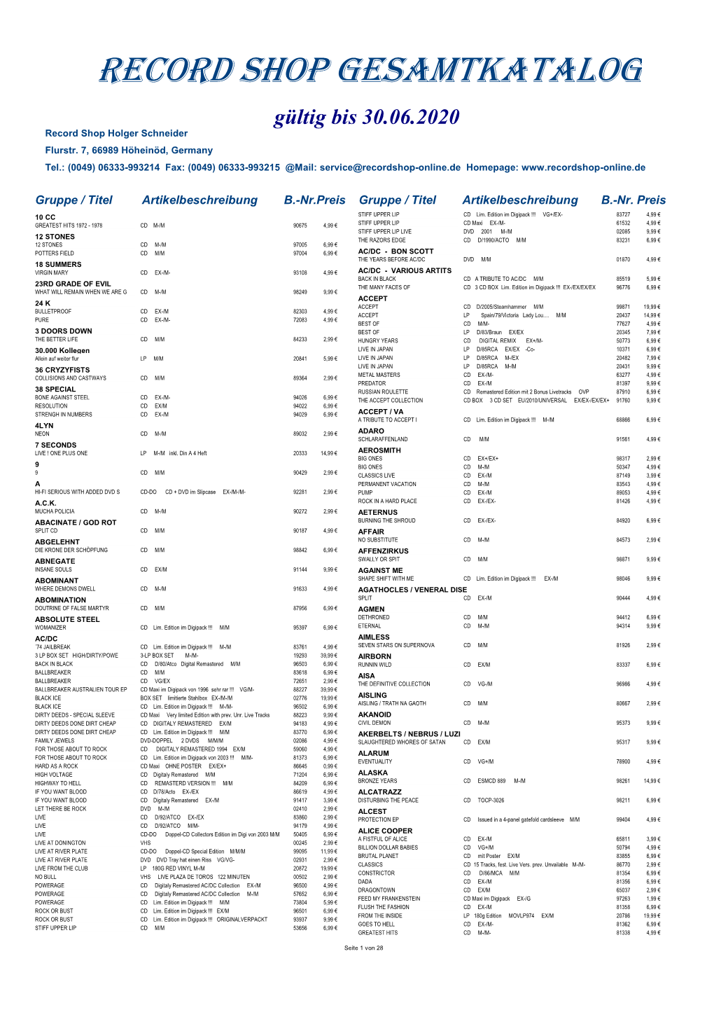 RECORD SHOP Gesamtkatalog Gültig Bis 30.06.2020 Record Shop Holger Schneider Flurstr