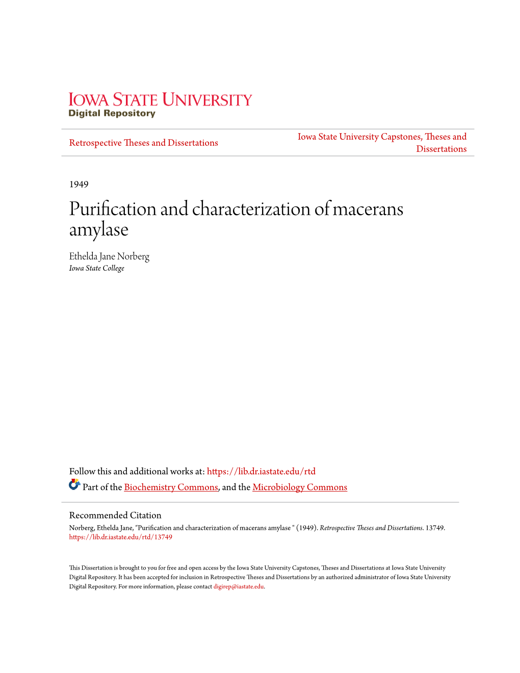 Purification and Characterization of Macerans Amylase Ethelda Jane Norberg Iowa State College