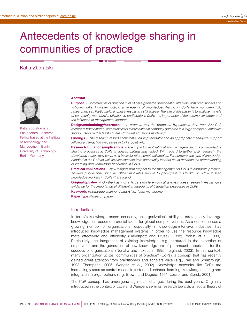 Antecedents of Knowledge Sharing in Communities of Practice