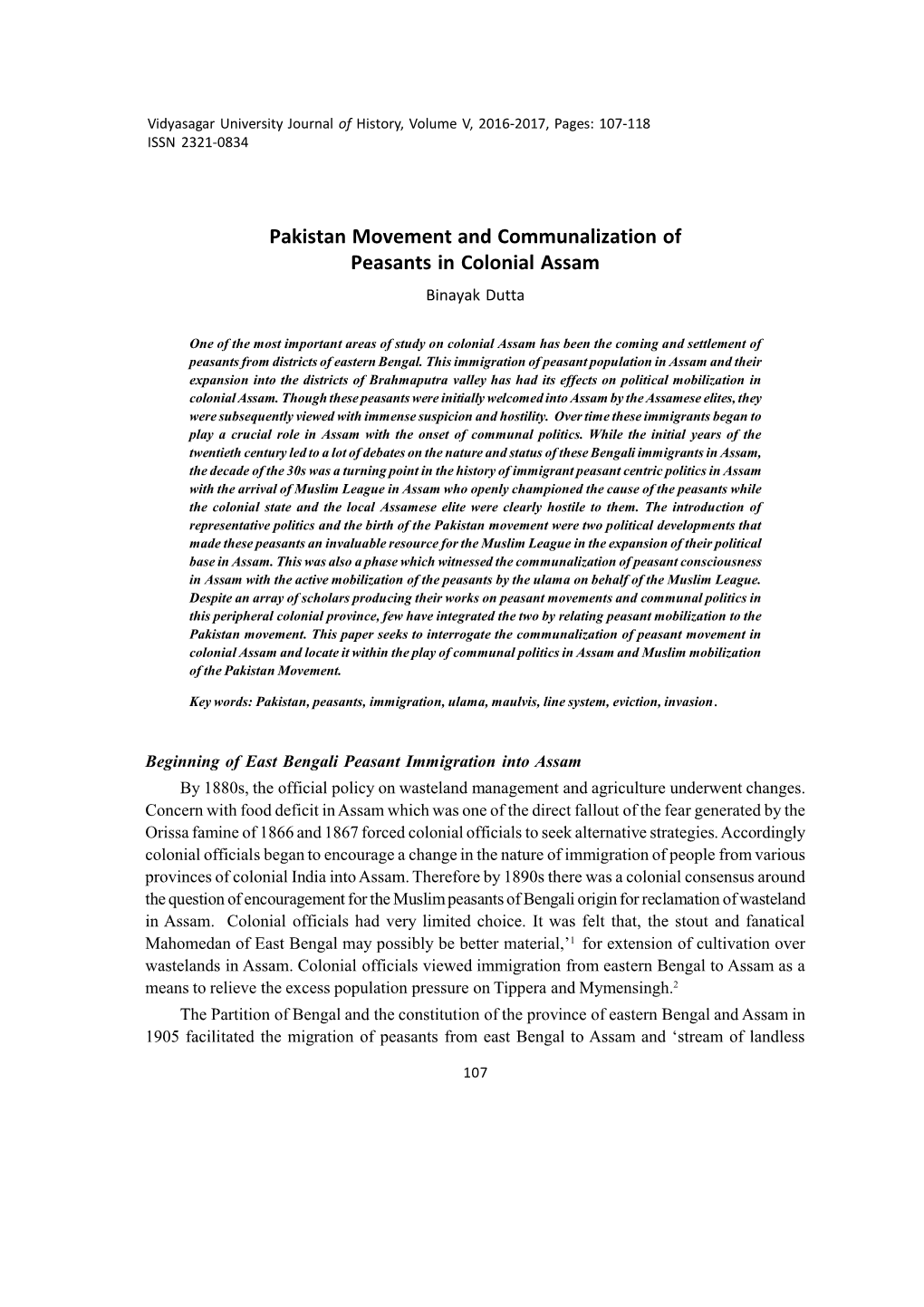 Pakistan Movement and Communalization of Peasants in Colonial Assam Binayak Dutta