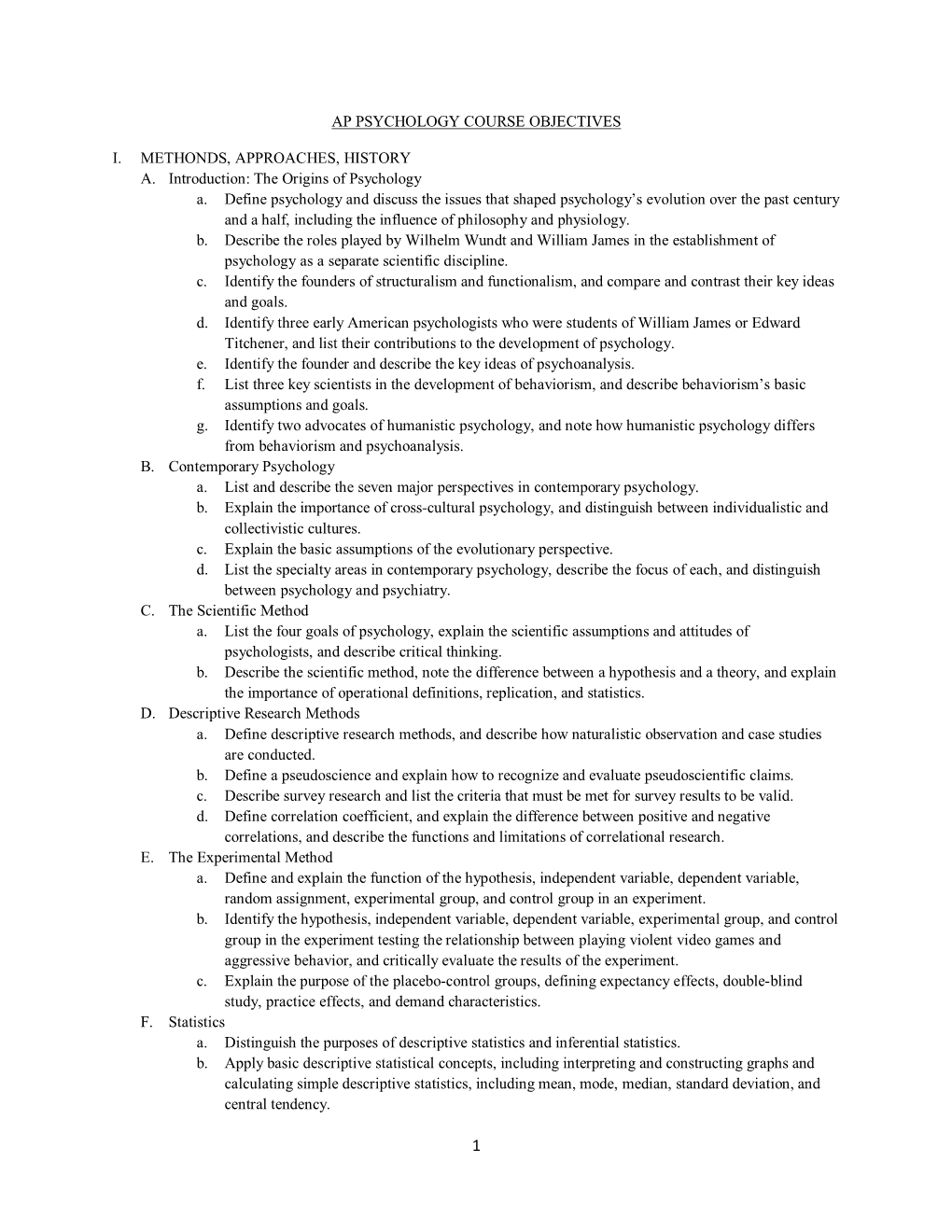 Ap Psychology Course Objectives I. Methonds