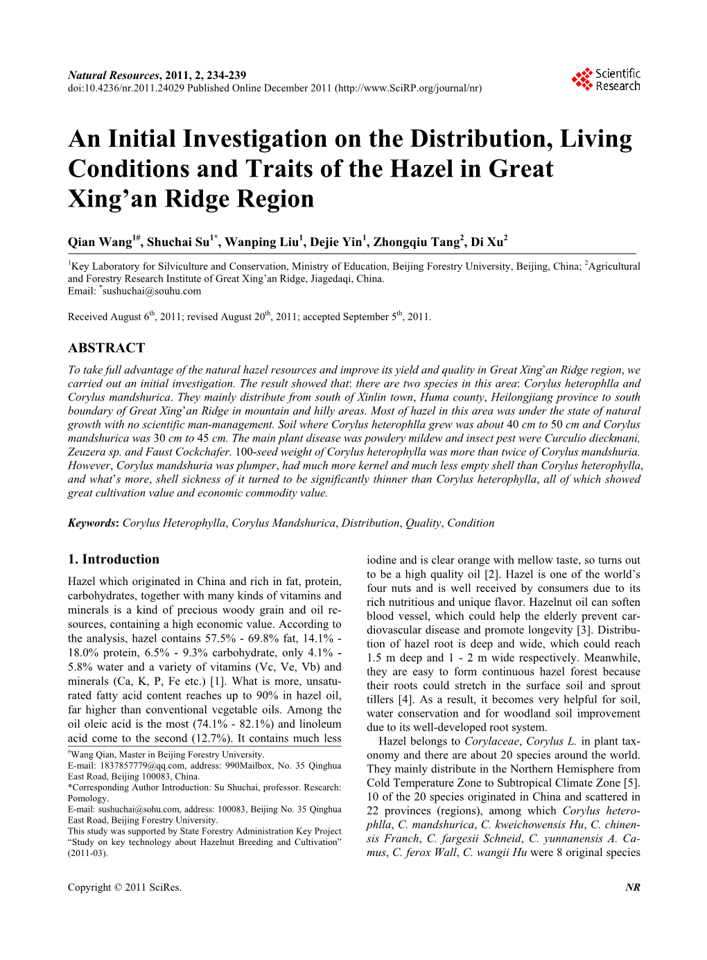 An Initial Investigation on the Distribution, Living Conditions and Traits of the Hazel in Great Xing’An Ridge Region