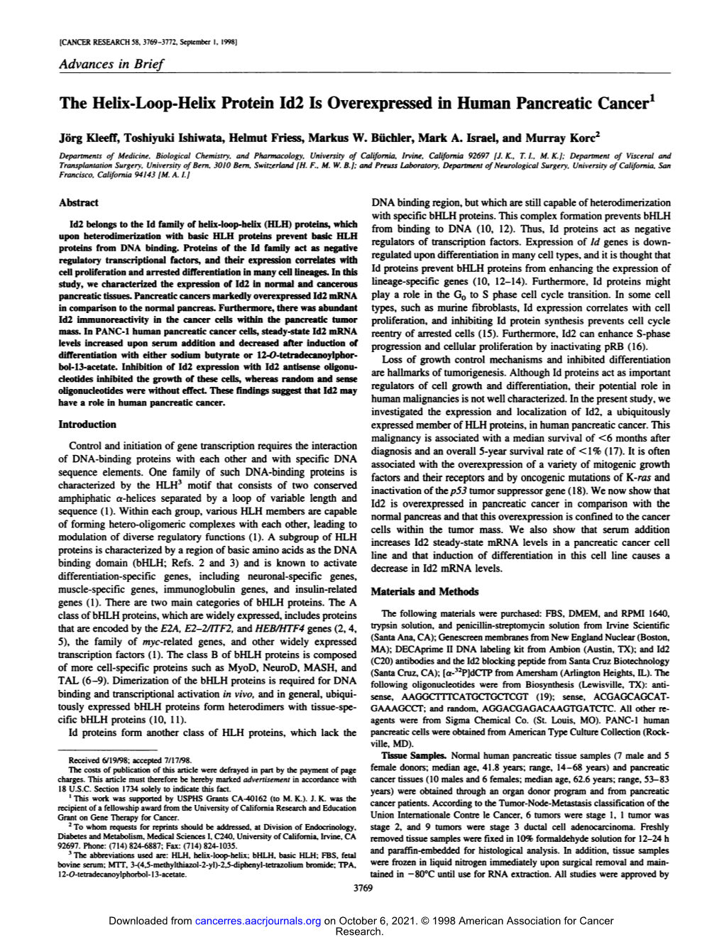 The Helix-Loop-Helix Protein Id2 Is Overexpressed in Human Pancreatic Cancer1