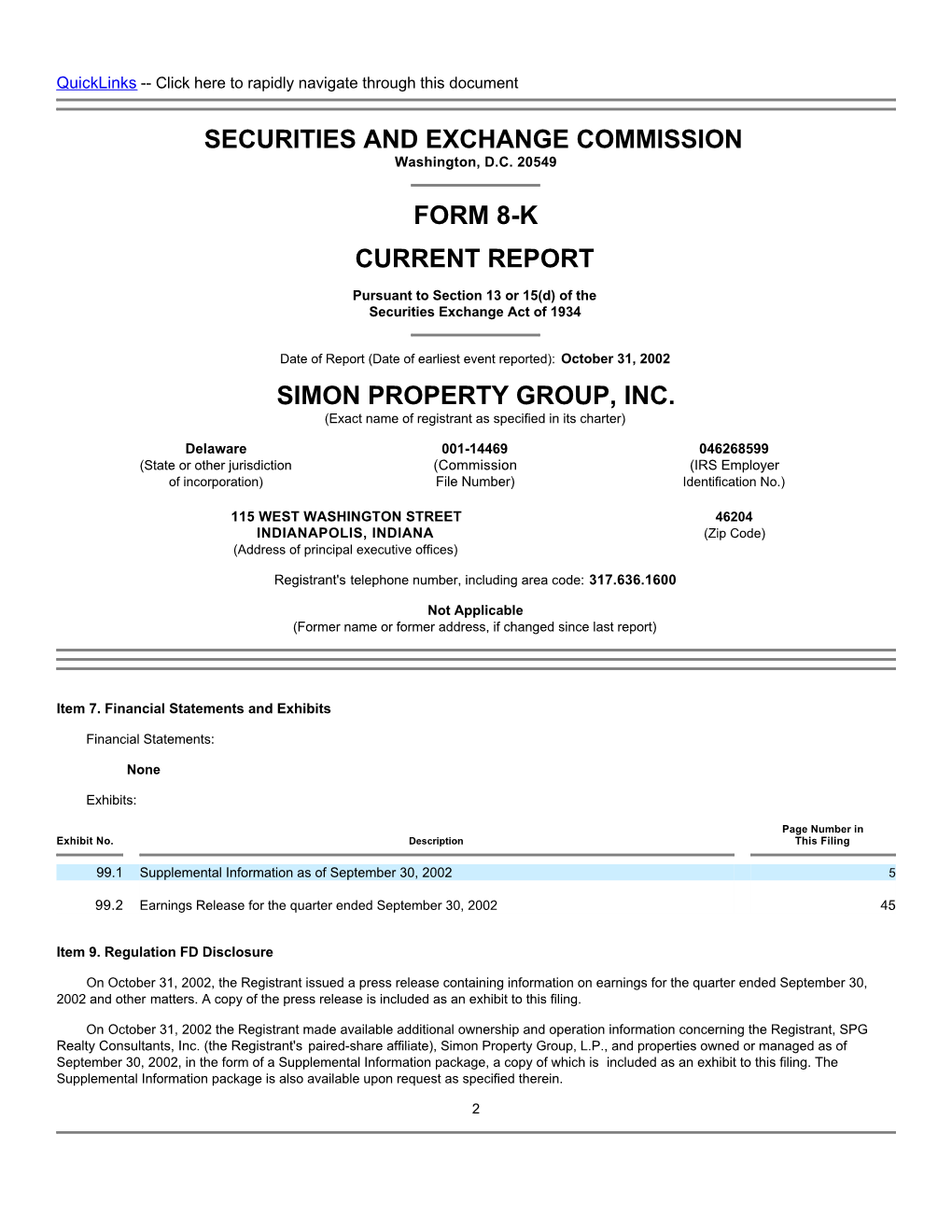 Securities and Exchange Commission Form 8-K Current Report Simon Property Group, Inc