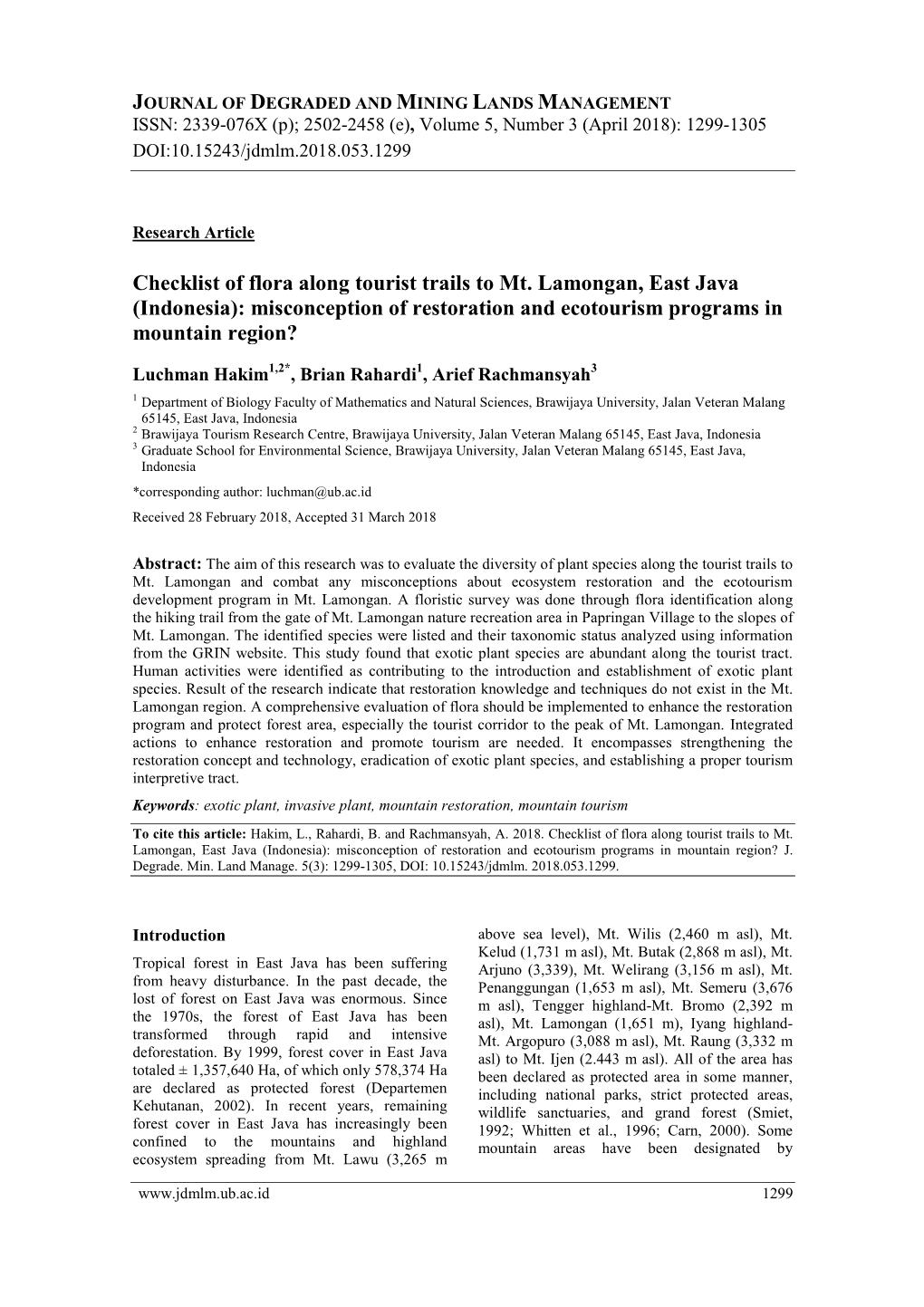 Checklist of Flora Along Tourist Trails to Mt. Lamongan, East Java (Indonesia): Misconception of Restoration and Ecotourism Programs in Mountain Region?