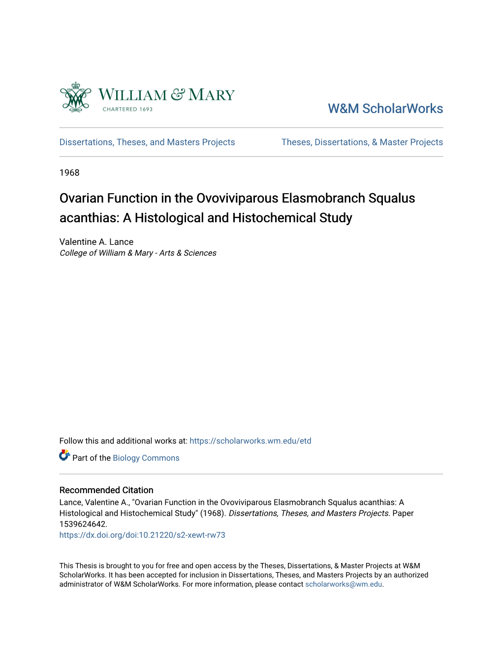 Ovarian Function in the Ovoviviparous Elasmobranch Squalus Acanthias: a Histological and Histochemical Study