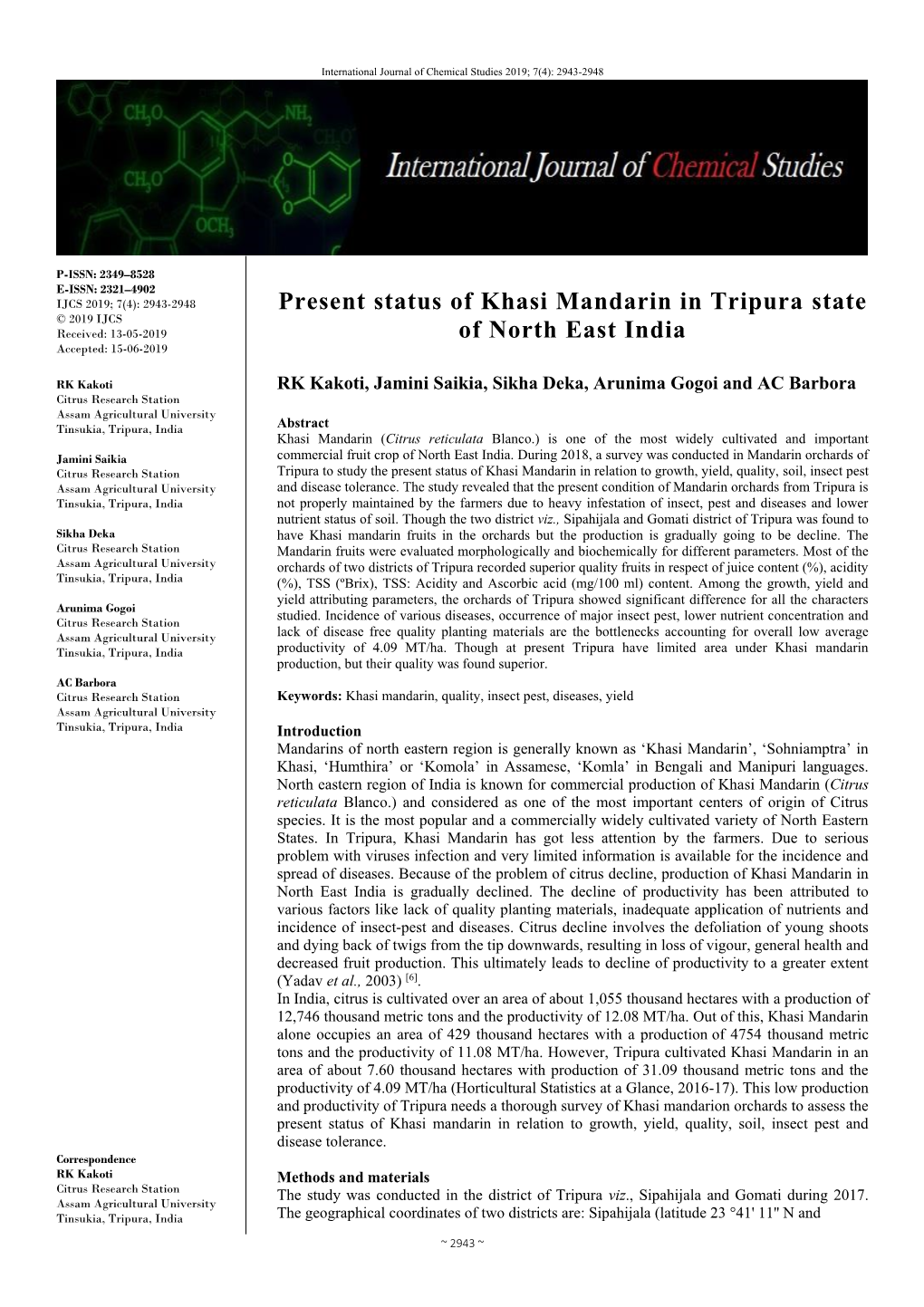 Present Status of Khasi Mandarin in Tripura State of North East India