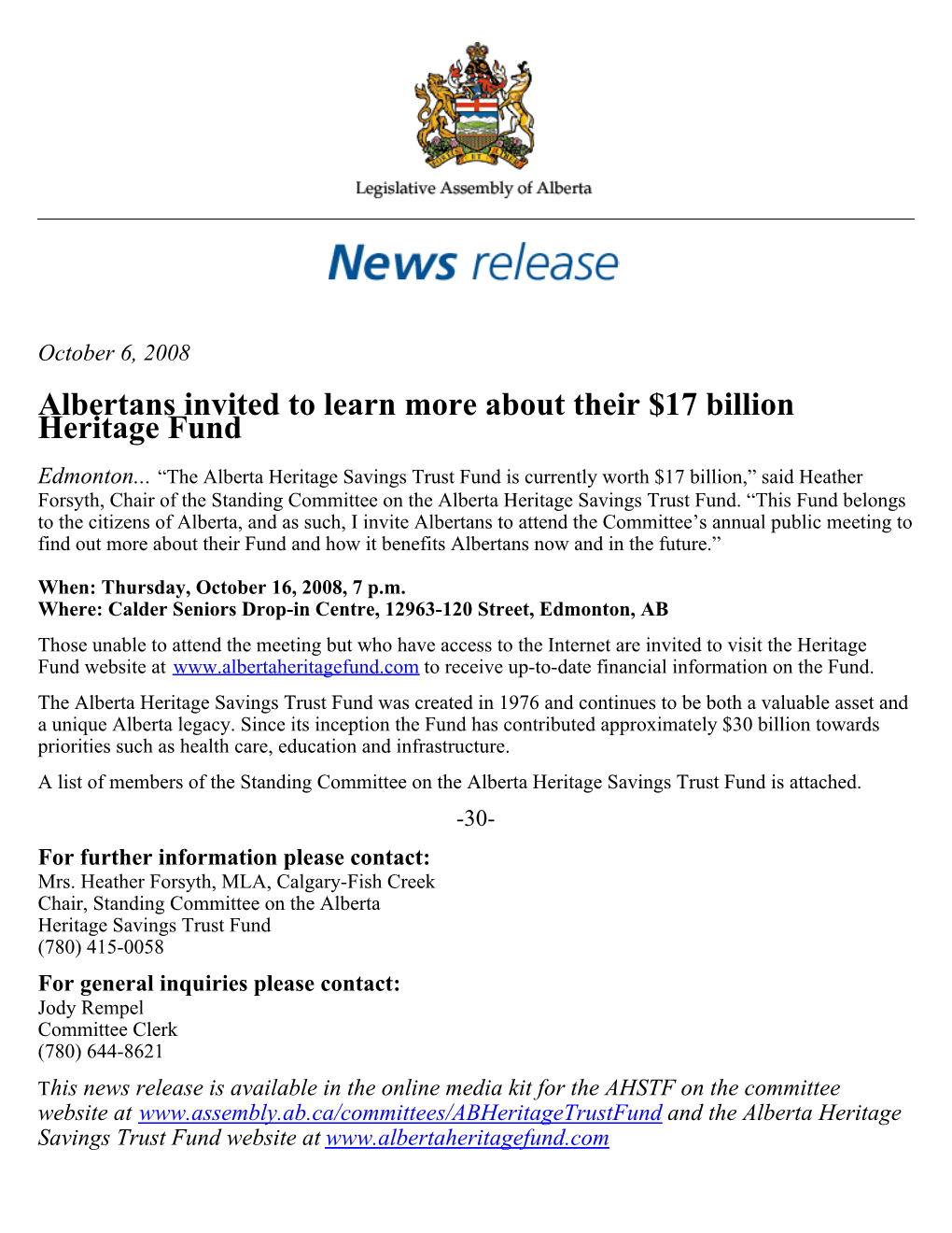 Albertans Invited to Learn More About Their $17 Billion Heritage Fund