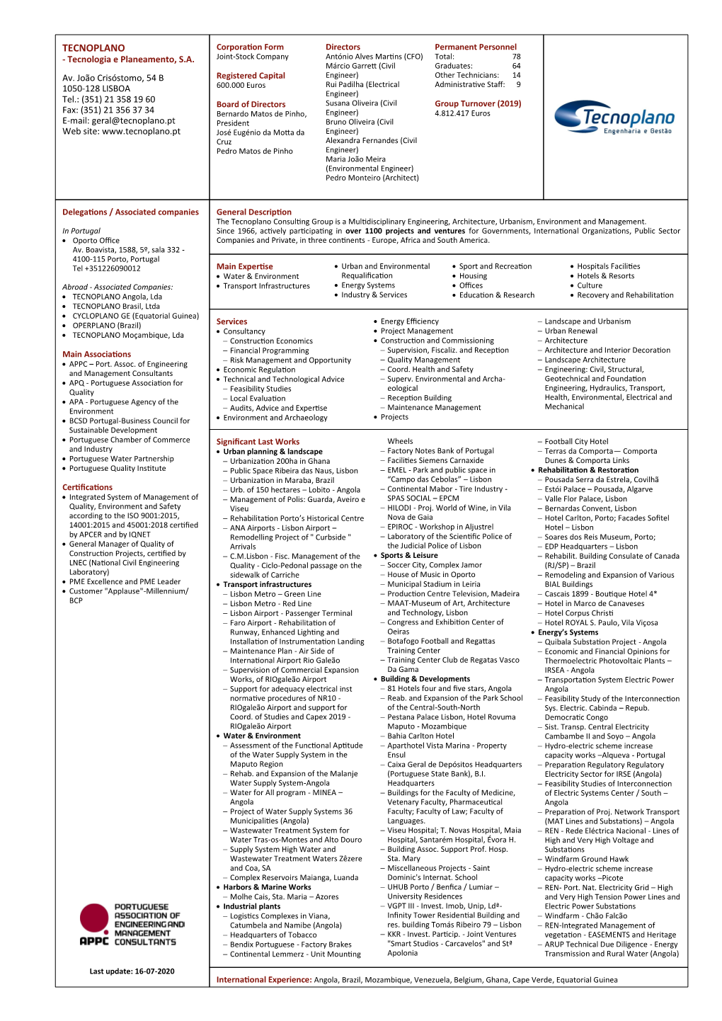 TECNOPLANO Corporation Form Directors Permanent Personnel - Tecnologia E Planeamento, S.A