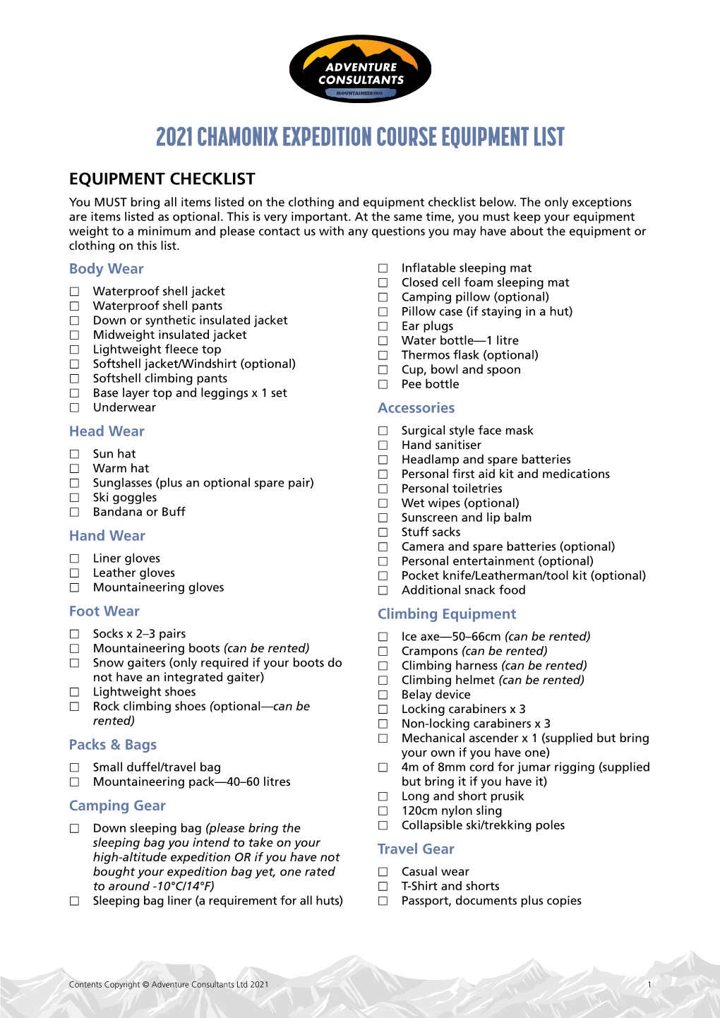 2021 Chamonix Expedition Course Equipment List