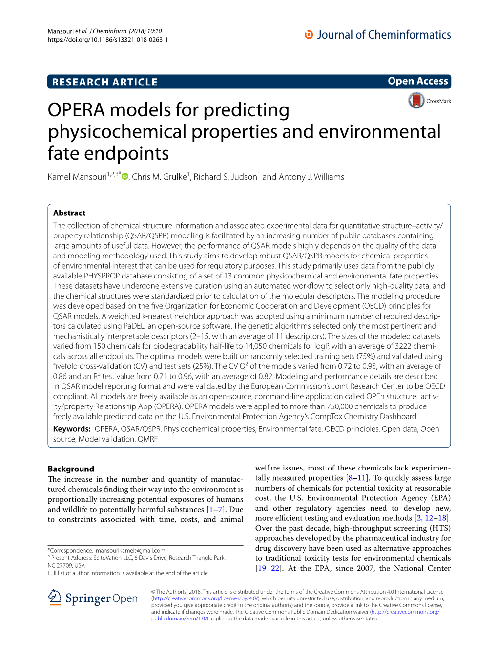 OPERA Models for Predicting Physicochemical Properties and Environmental Fate Endpoints Kamel Mansouri1,2,3* , Chris M