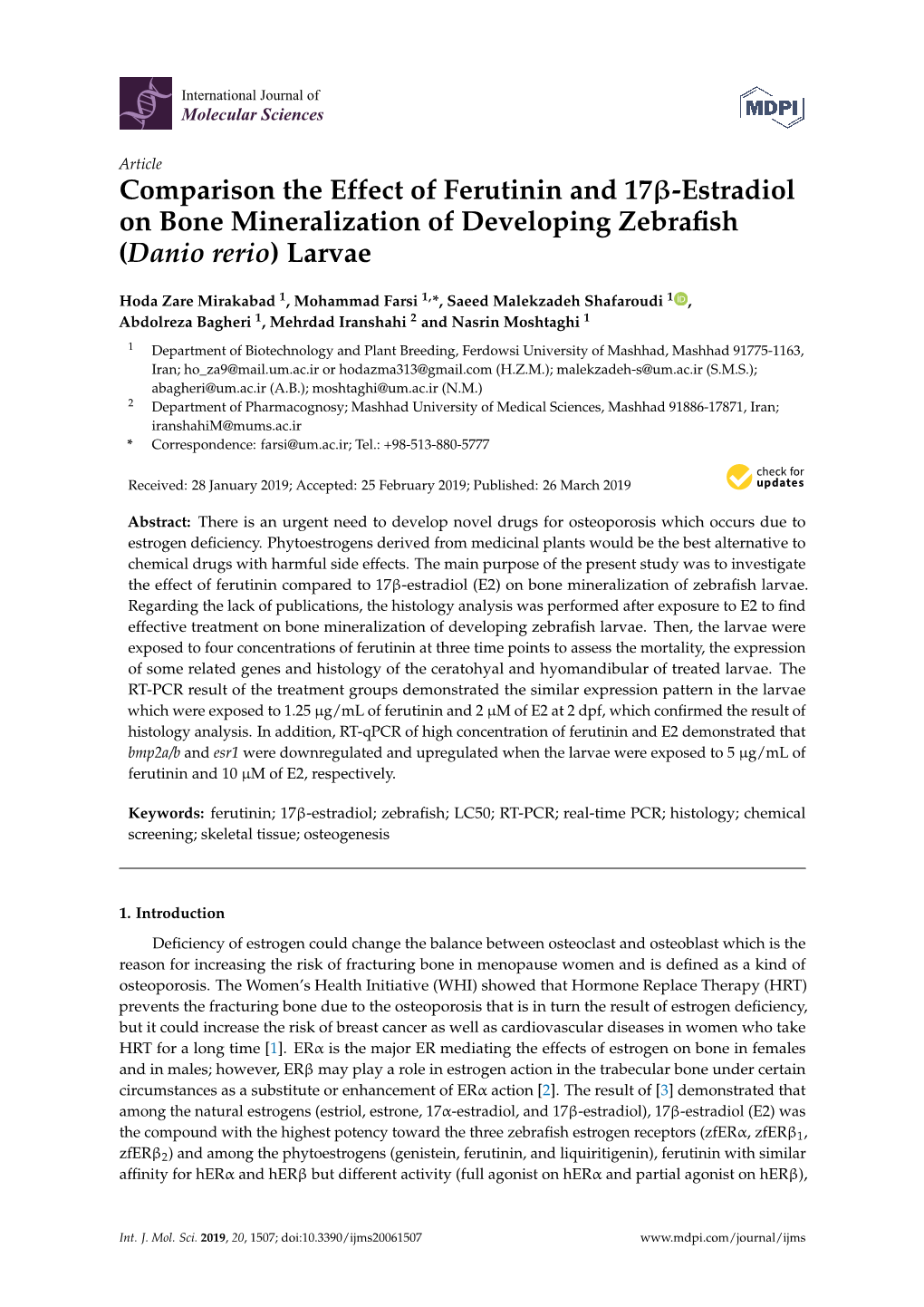 Comparison the Effect of Ferutinin and 17Β-Estradiol on Bone Mineralization of Developing Zebraﬁsh (Danio Rerio) Larvae