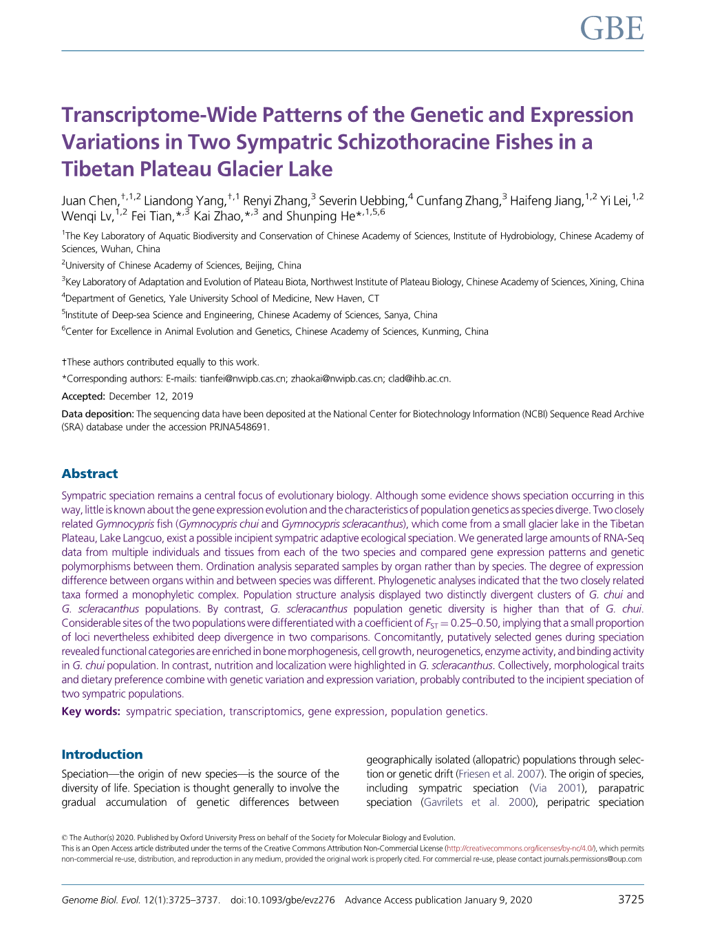 Transcriptome-Wide Patterns of the Genetic and Expression Variations in Two Sympatric Schizothoracine Fishes in a Tibetan Plateau Glacier Lake