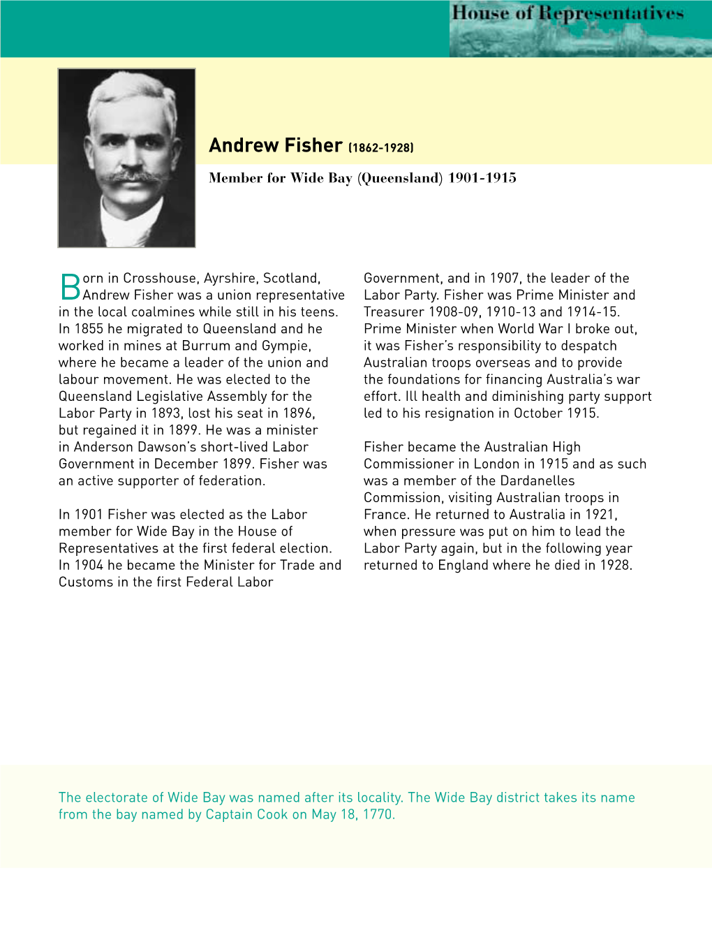 Biography Andrew Fisher (1862-1928) Member for Wide Bay