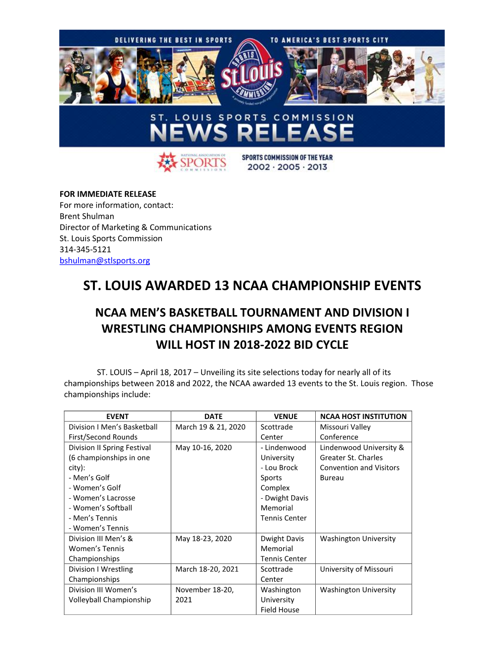 St. Louis Awarded 13 Ncaa Championship Events