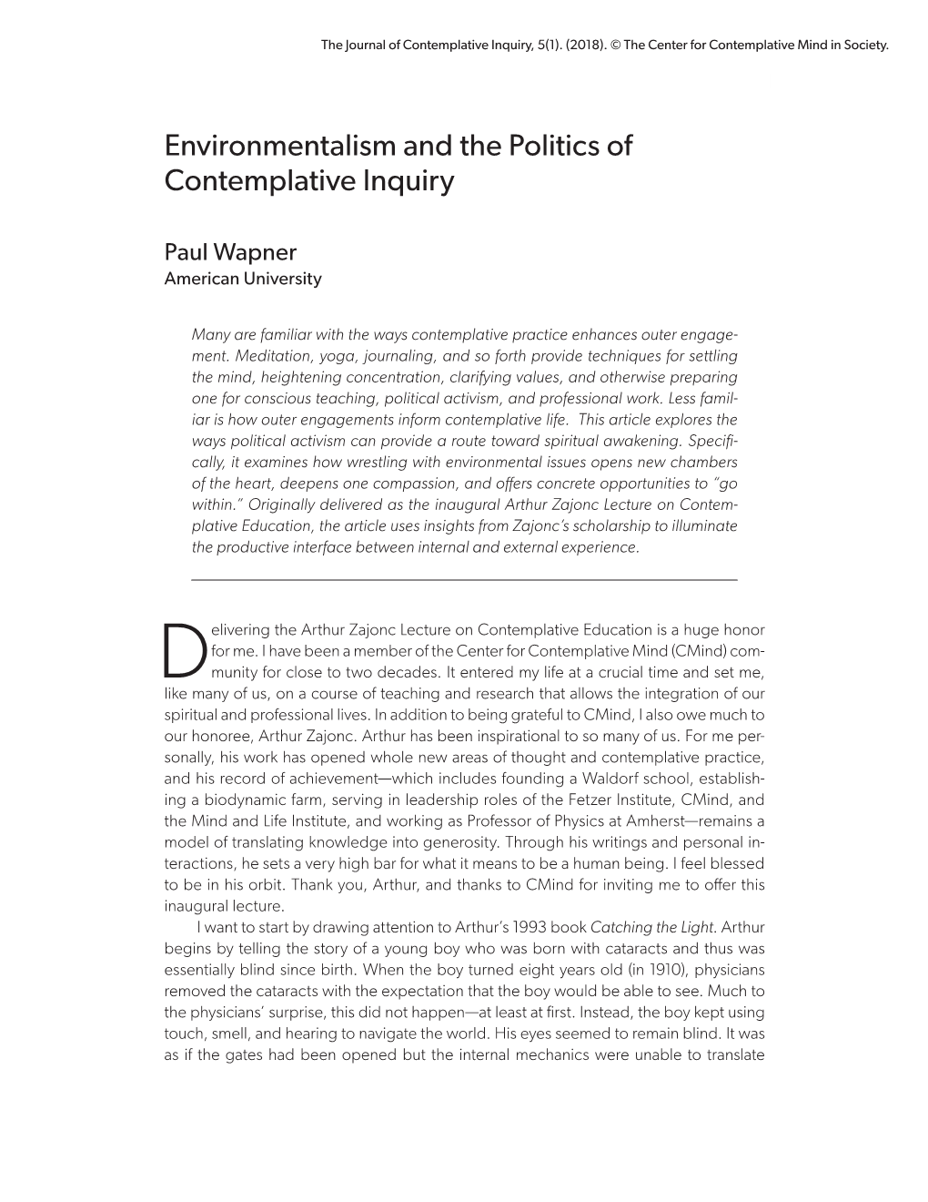 Environmentalism and the Politics of Contemplative Inquiry