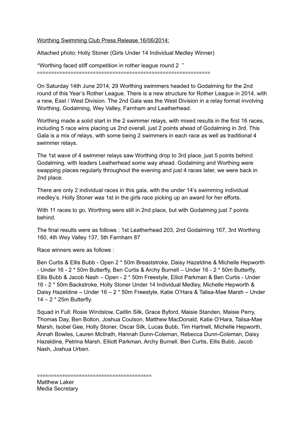 Worthing Swimming Club Press Release 11/06/2011