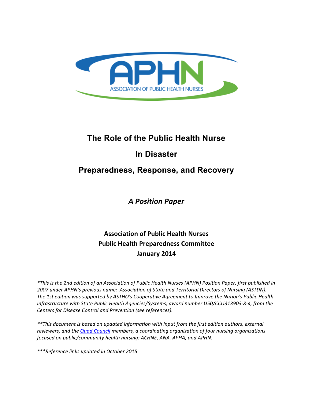 APHN Role of PHN in Disaster Preparedness, Response And