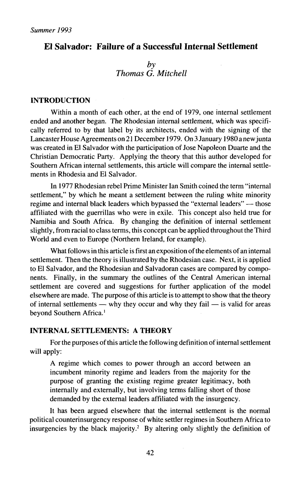 El Salvador: Failure of a Successful Internal Settlement by Thomas G. Mitchell