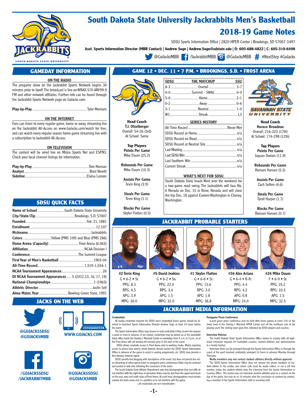 South Dakota State University Jackrabbits Men's Basketball 2018