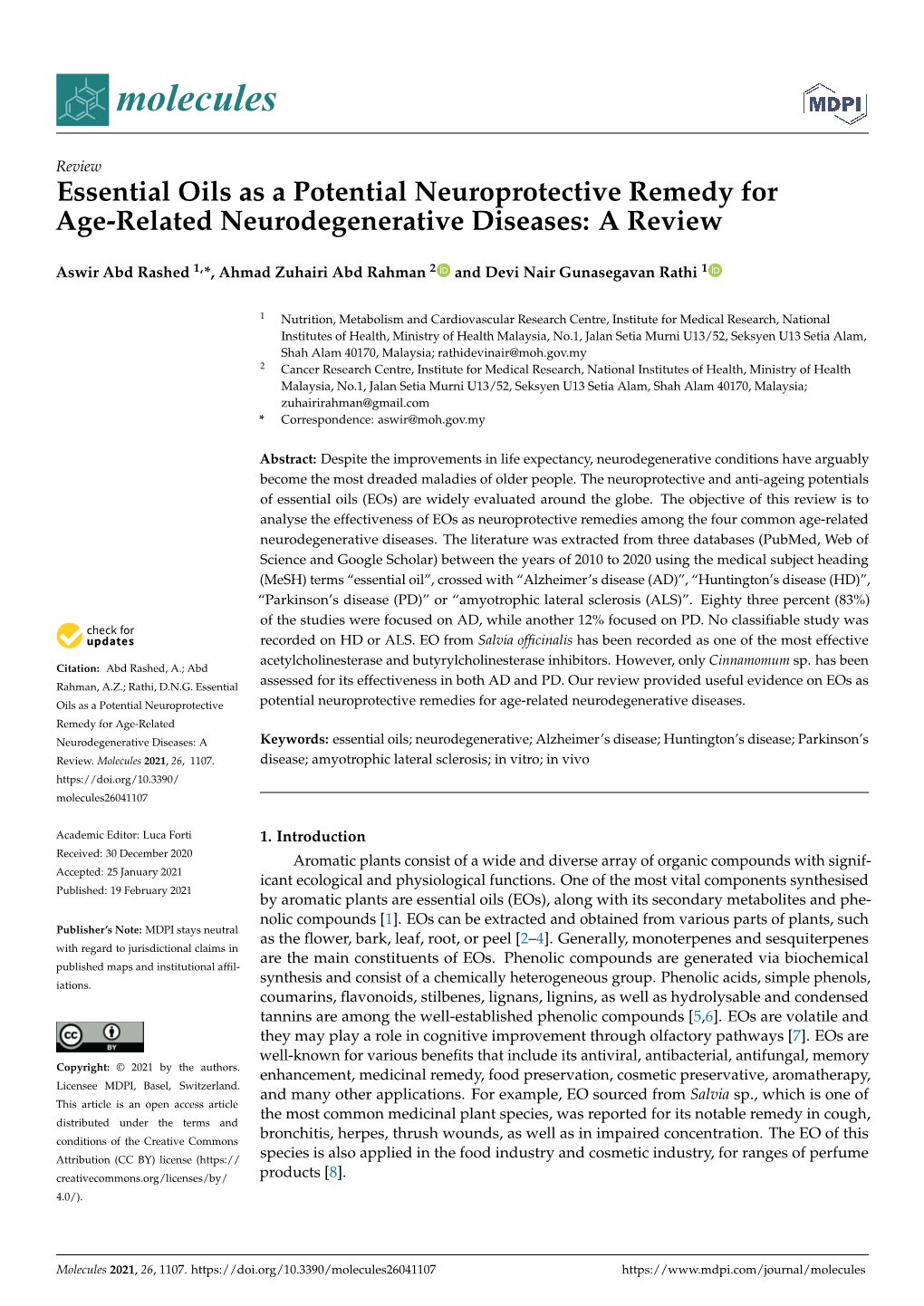 Essential Oils As a Potential Neuroprotective Remedy for Age-Related Neurodegenerative Diseases: a Review