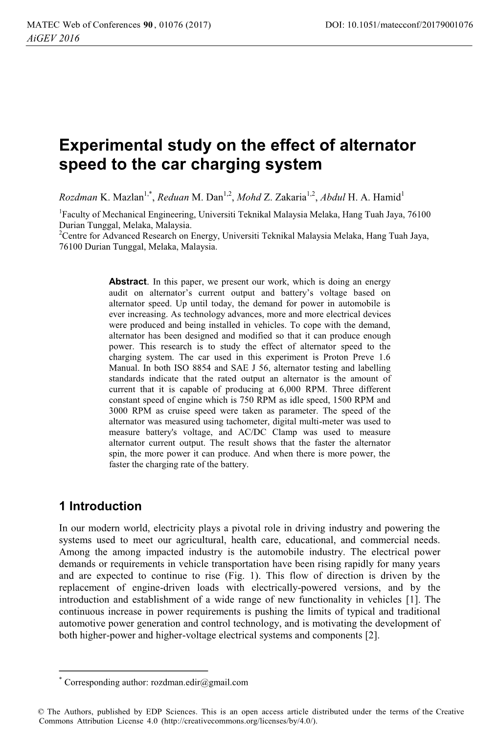 Experimental Study on the Effect of Alternator Speed to the Car Charging System