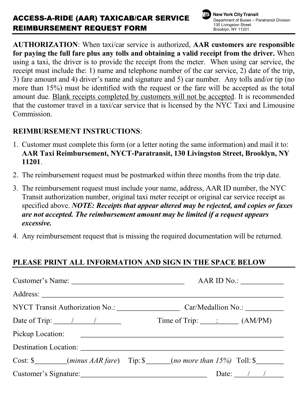 (Aar) Taxicab/Car Service Reimbursement Request Form