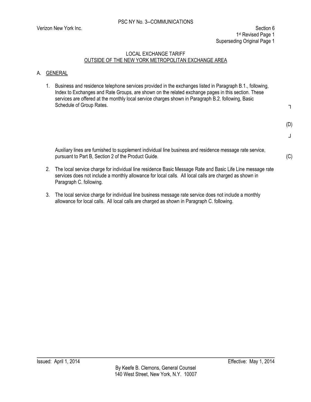 PSC NY No. 3--COMMUNICATIONS Verizon New York Inc. Section 6 1St Revised Page 1 Superseding Original Page 1
